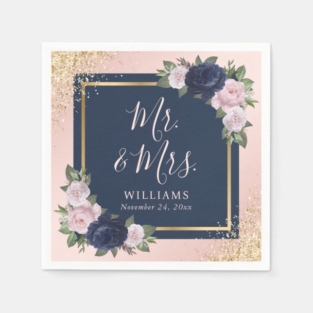 Navy Blue Blush Pink Gold Floral Mr & Mrs Wedding Napkin (Front)