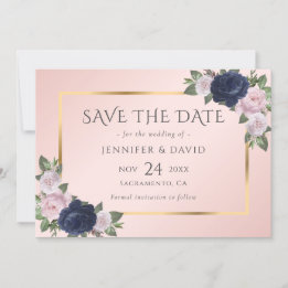 Navy Blue Blush Pink Gold Floral Save The Date