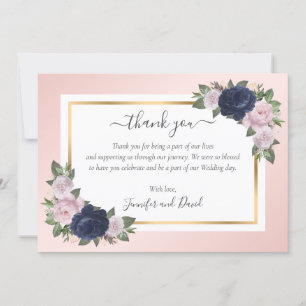 Navy Blue Blush Pink Gold Floral Thank You Card