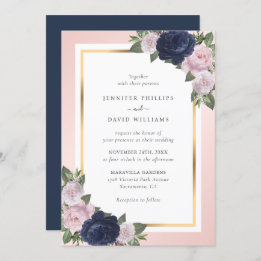 Navy Blue Blush Pink Gold Floral Wedding Invitation