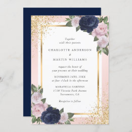 Navy Blue Blush Pink Gold Floral Wedding Invitation