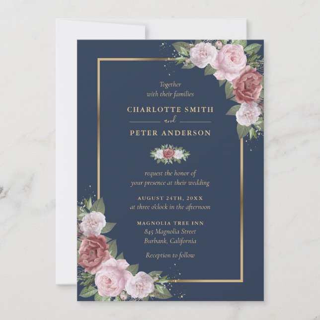 Navy Blue Blush Pink Gold Floral Wedding Invitation (Front)