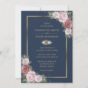 Navy Blue Blush Pink Gold Floral Wedding Invitation