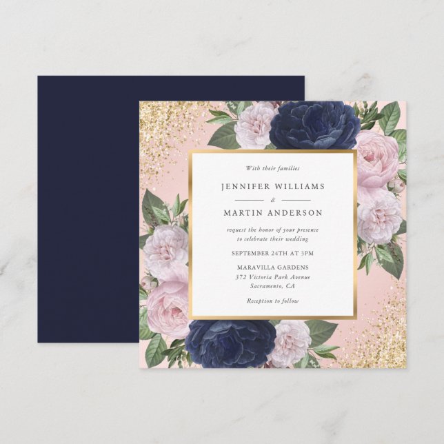 Navy Blue Blush Pink Gold Floral Wedding Invitation (Front/Back)