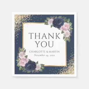 Navy Blue Blush Pink Gold Floral Wedding Napkin