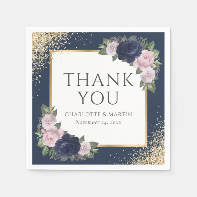 Navy Blue Blush Pink Gold Floral Wedding Napkin (Front)
