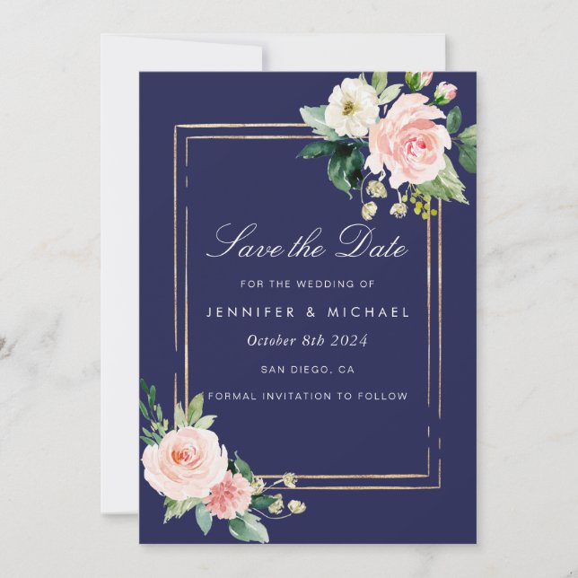 Navy Blue Blush Pink Gold Save the Date Invitation (Front)