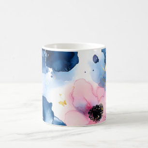 Navy Blue Blush Pink Gold Watercolor Floral Coffee Mug