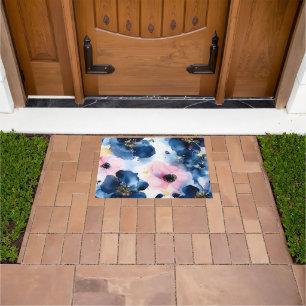 Navy Blue Blush Pink Gold Watercolor Floral Doormat