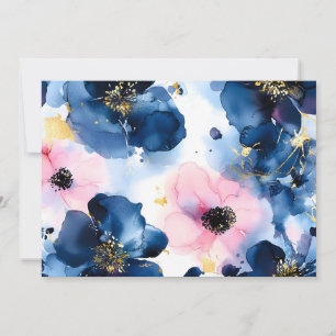 Navy Blue Blush Pink Gold Watercolor Floral Holiday Card