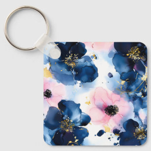 Navy Blue Blush Pink Gold  Watercolor Floral Key Ring