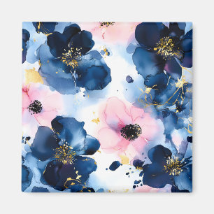 Navy Blue Blush Pink Gold Watercolor Floral Magnet