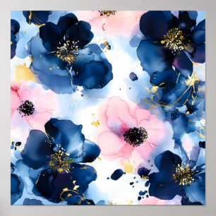 Navy Blue Blush Pink Gold Watercolor Floral Poster