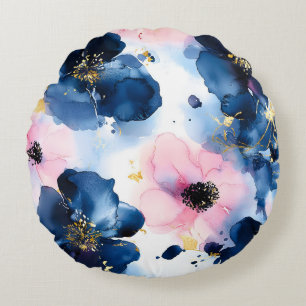 Navy Blue Blush Pink Gold Watercolor Floral Round Cushion