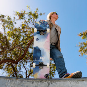 Navy Blue Blush Pink Gold  Watercolor Floral Skateboard