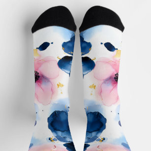 Navy Blue Blush Pink Gold Watercolor Floral Socks