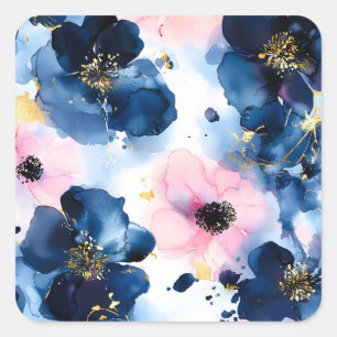 Navy Blue Blush Pink Gold Watercolor Floral Square Sticker