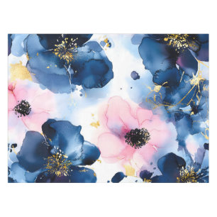 Navy Blue Blush Pink Gold Watercolor Floral Tablecloth