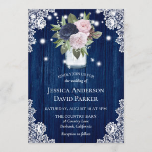 Navy Blue Blush Pink Lace Mason Jar Wedding Invitation