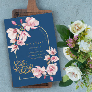 Navy Blue Blush Pink Magnolia Floral Save the Date Invitation