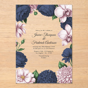 Navy Blue & Blush Pink Modern Botanical Wedding Acrylic Invitations
