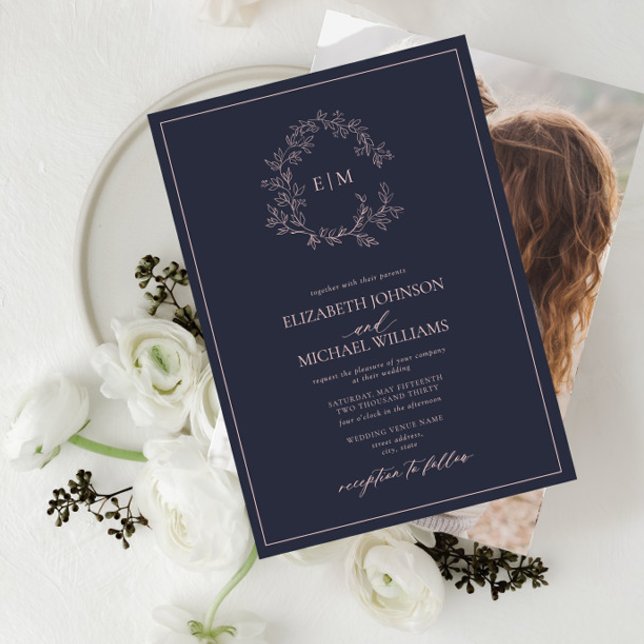 Navy Blue Blush Pink Monogram Photo Wedding Invitation (Creator Uploaded)