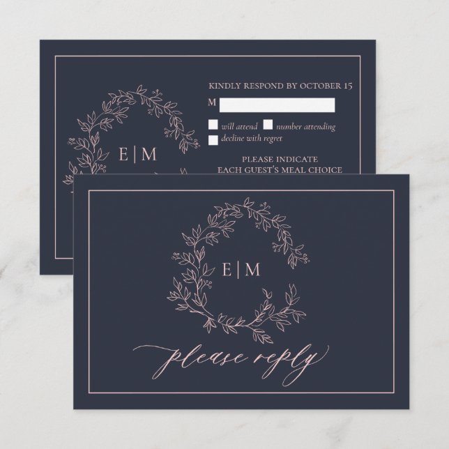 Navy Blue Blush Pink Monogram Wedding RSVP Card (Front/Back)