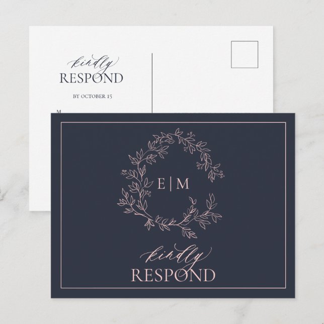 Navy Blue Blush Pink Monogram Wedding RSVP Invitation Postcard (Front/Back)