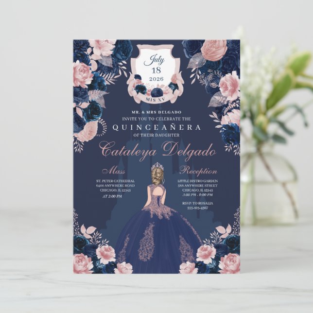 Navy Blue & Blush Pink Princess Castle Quinceañera Invitation (Standing Front)
