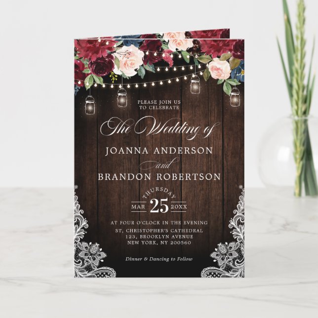 Navy Blue Blush Pink Rose Boho All in one Wedding  Invitation (Front)