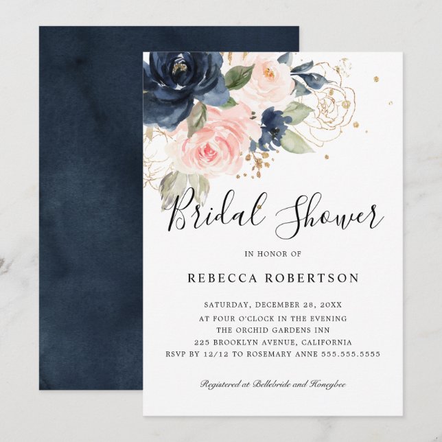 Navy Blue Blush Pink Rose Boho Bridal Shower Invitation (Front/Back)