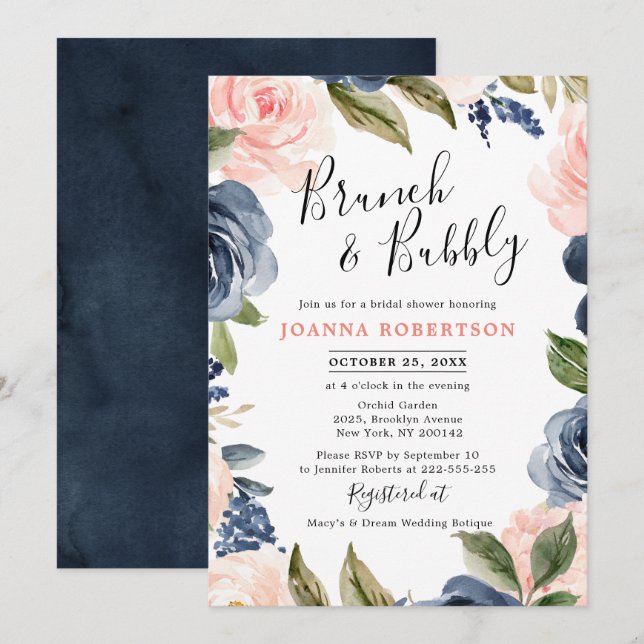Navy Blue Blush Pink Rose Boho Bridal Shower Invitation (Front/Back)
