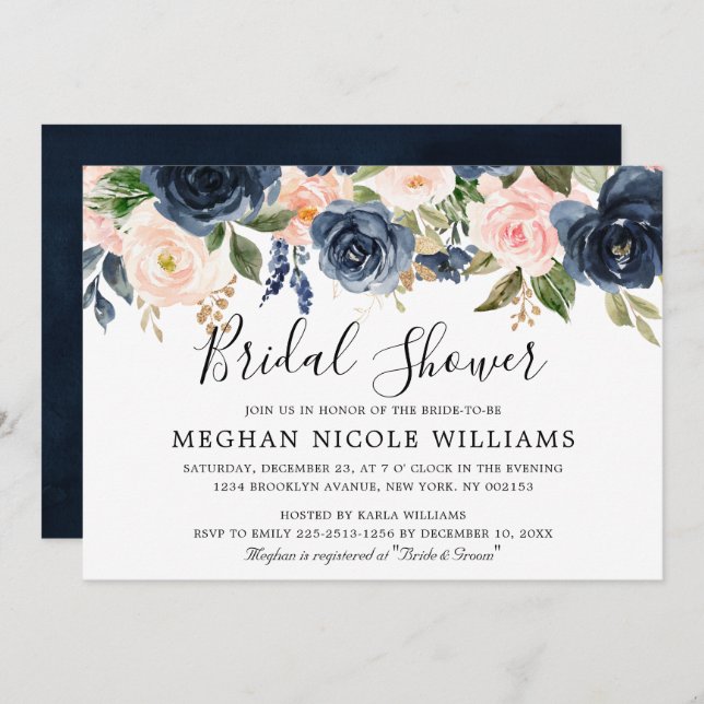 Navy Blue Blush Pink Rose Boho Bridal Shower Invitation (Front/Back)