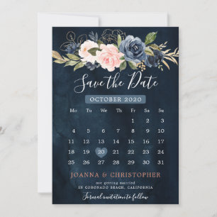 Navy Blue Blush Pink Rose Boho Calendar Save The Date