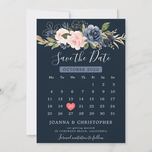 Navy Blue Blush Pink Rose Boho Calendar Save The Date (Front)