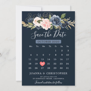 Navy Blue Blush Pink Rose Boho Calendar Save The Date