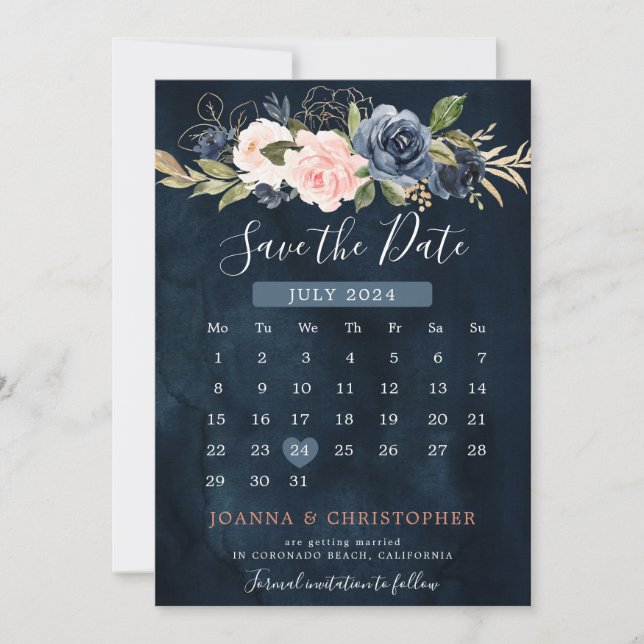 Navy Blue Blush Pink Rose Boho Calendar Save The Date (Front)
