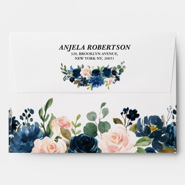 Navy Blue Blush Pink Rose Boho Floral Wedding Envelope (Back (Top Flap))