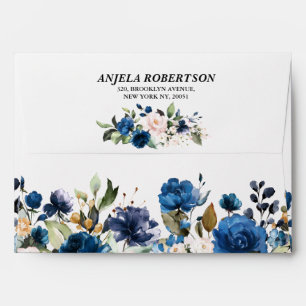 Navy Blue Blush Pink Rose Boho Floral Wedding Envelope