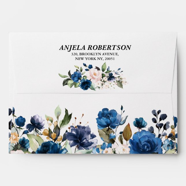 Navy Blue Blush Pink Rose Boho Floral Wedding Envelope (Back (Top Flap))