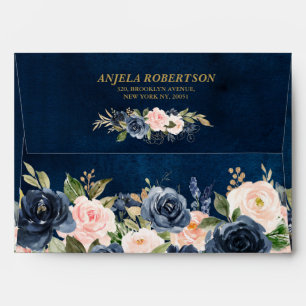 Navy Blue Blush Pink Rose Boho Floral Wedding Envelope