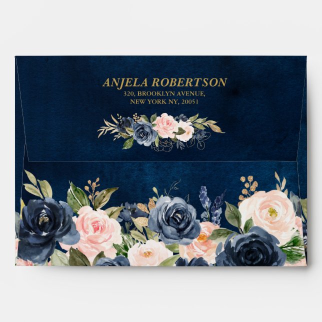 Navy Blue Blush Pink Rose Boho Floral Wedding Envelope (Back (Top Flap))