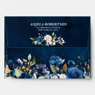 Navy Blue Blush Pink Rose Boho Floral Wedding Envelope