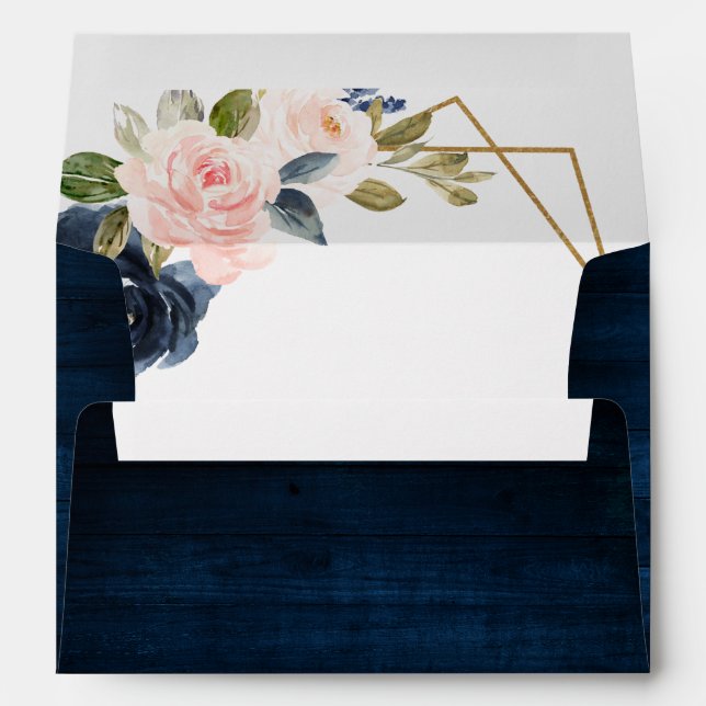 Navy Blue Blush Pink Rose Boho Geometric Wedding Envelope (Back (Bottom))