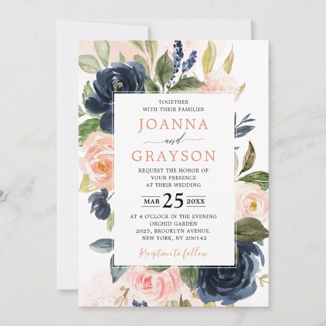Navy Blue Blush Pink Rose Boho Geometric Wedding Invitation (Front)