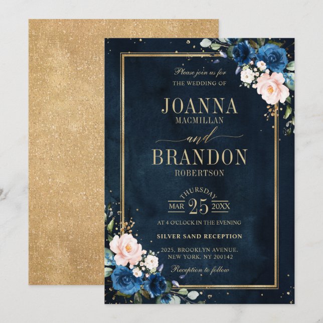 Navy Blue Blush Pink Rose Boho Geometric Wedding Invitation (Front/Back)