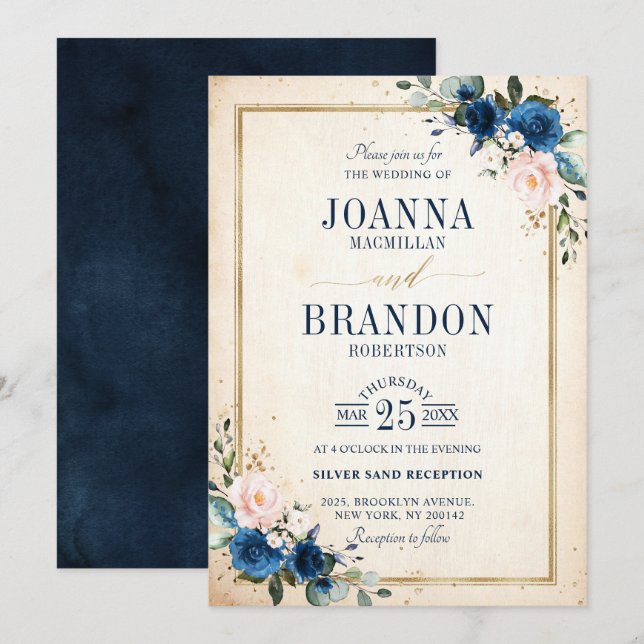 Navy Blue Blush Pink Rose Boho Geometric Wedding Invitation (Front/Back)