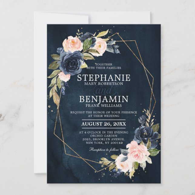 Navy Blue Blush Pink Rose Boho Geometric Wedding Invitation (Front)