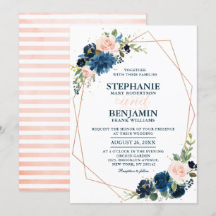 Navy Blue Blush Pink Rose Boho Geometric Wedding Invitation