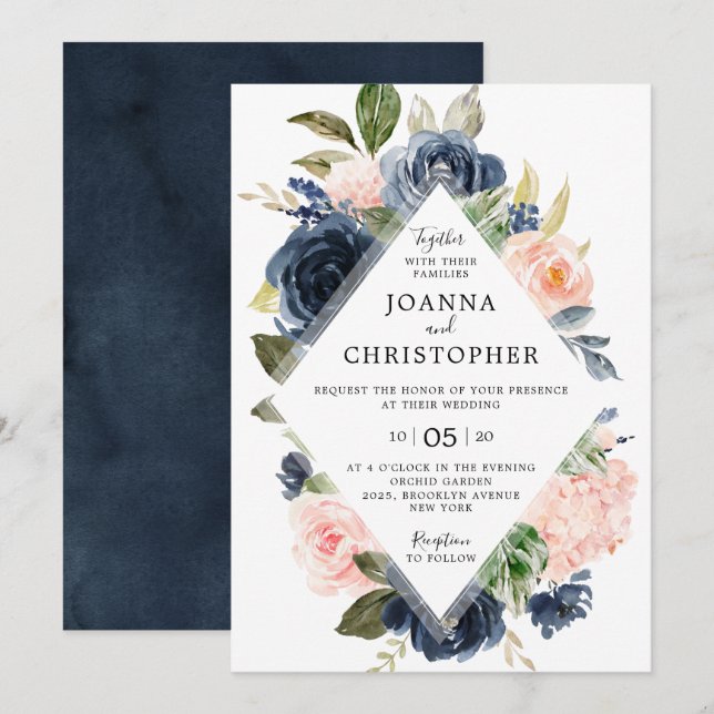 Navy Blue Blush Pink Rose Boho Geometric Wedding Invitation (Front/Back)